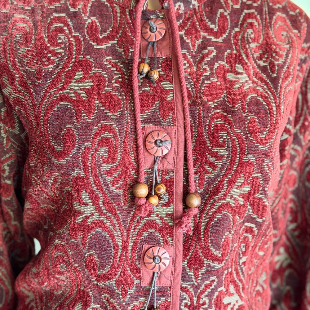 Vtg 90s Flashback Burgundy Paisley Tapestry Button Front Jacket Mock Neck Boho M - Picture 5 of 7